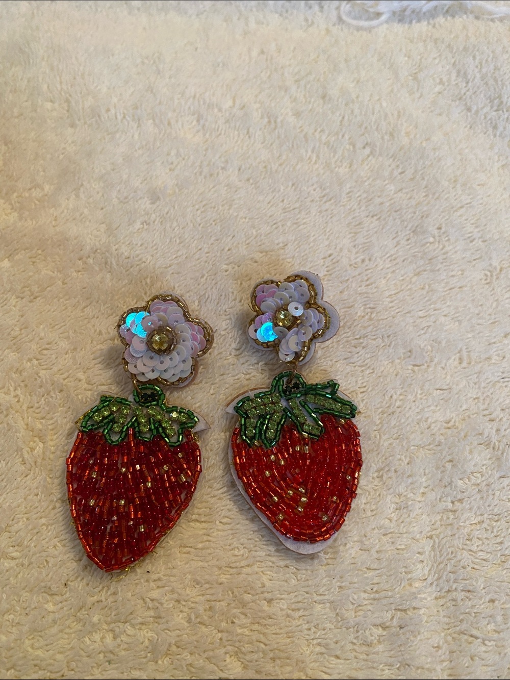 Strawberry Beaded Drop Earrings - Red & Green